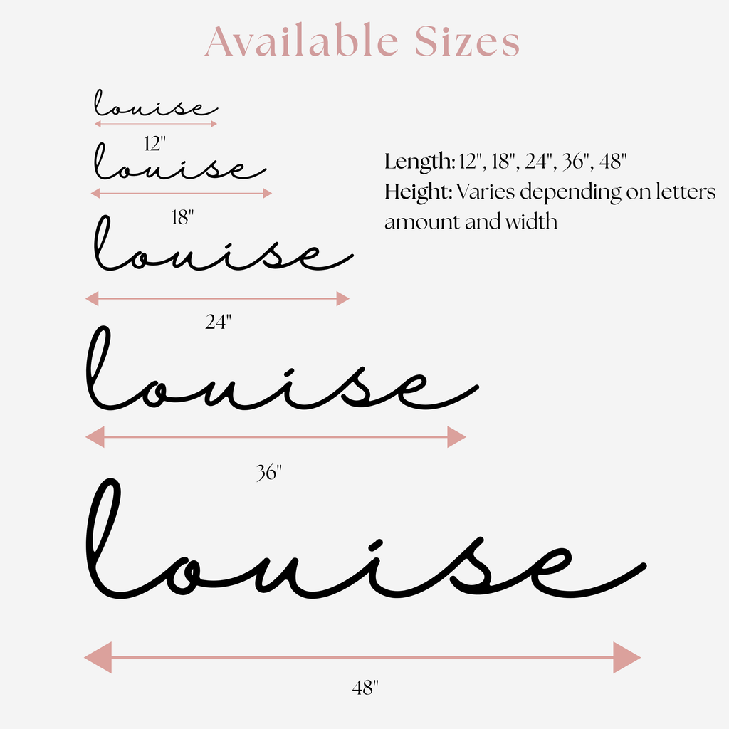 Size guide for the cursive name sign at 12, 18, 24, 36 and 48 inches wide