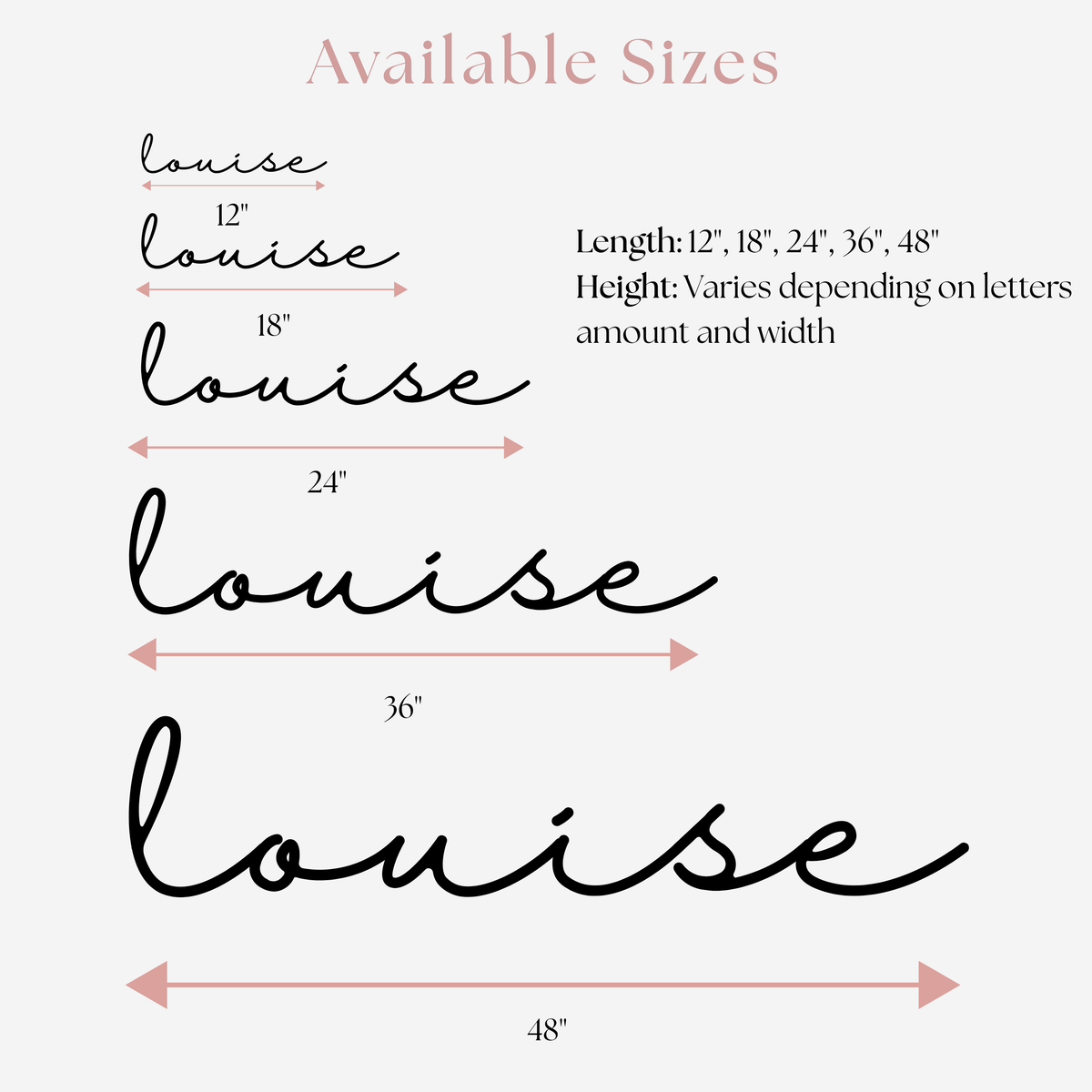 Size guide for the cursive name sign at 12, 18, 24, 36 and 48 inches wide