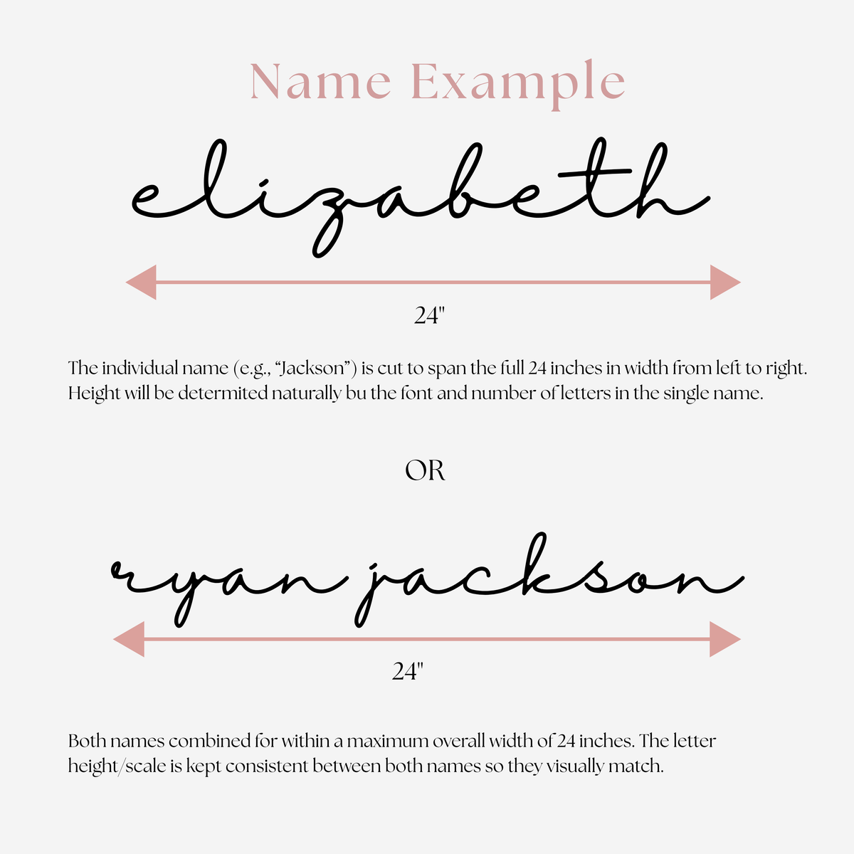 Layout guide showing a single name and two names both fitted to a 24 inch width