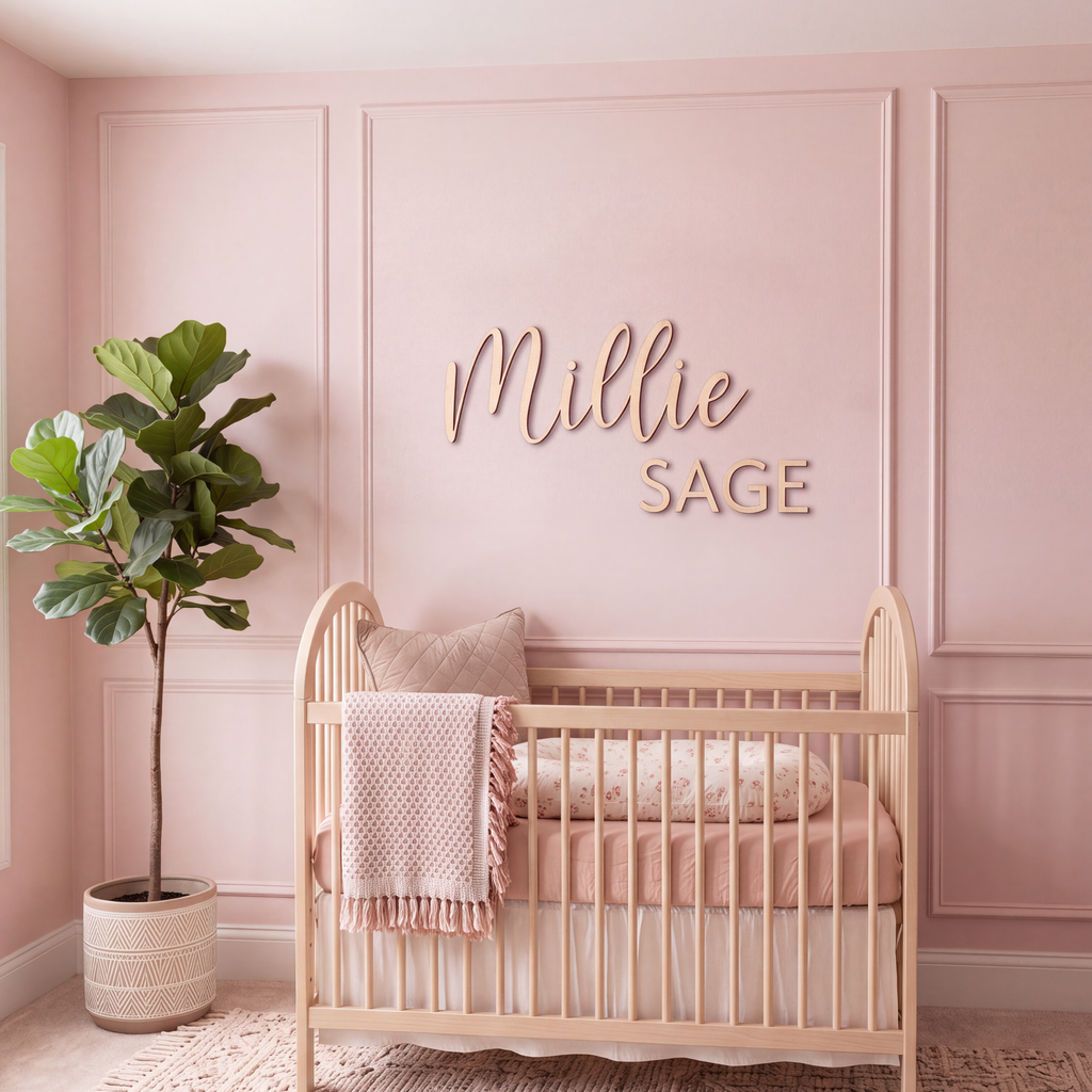 Wood nursery name sign reading Millie Sage on a blush panelled wall above a wooden crib