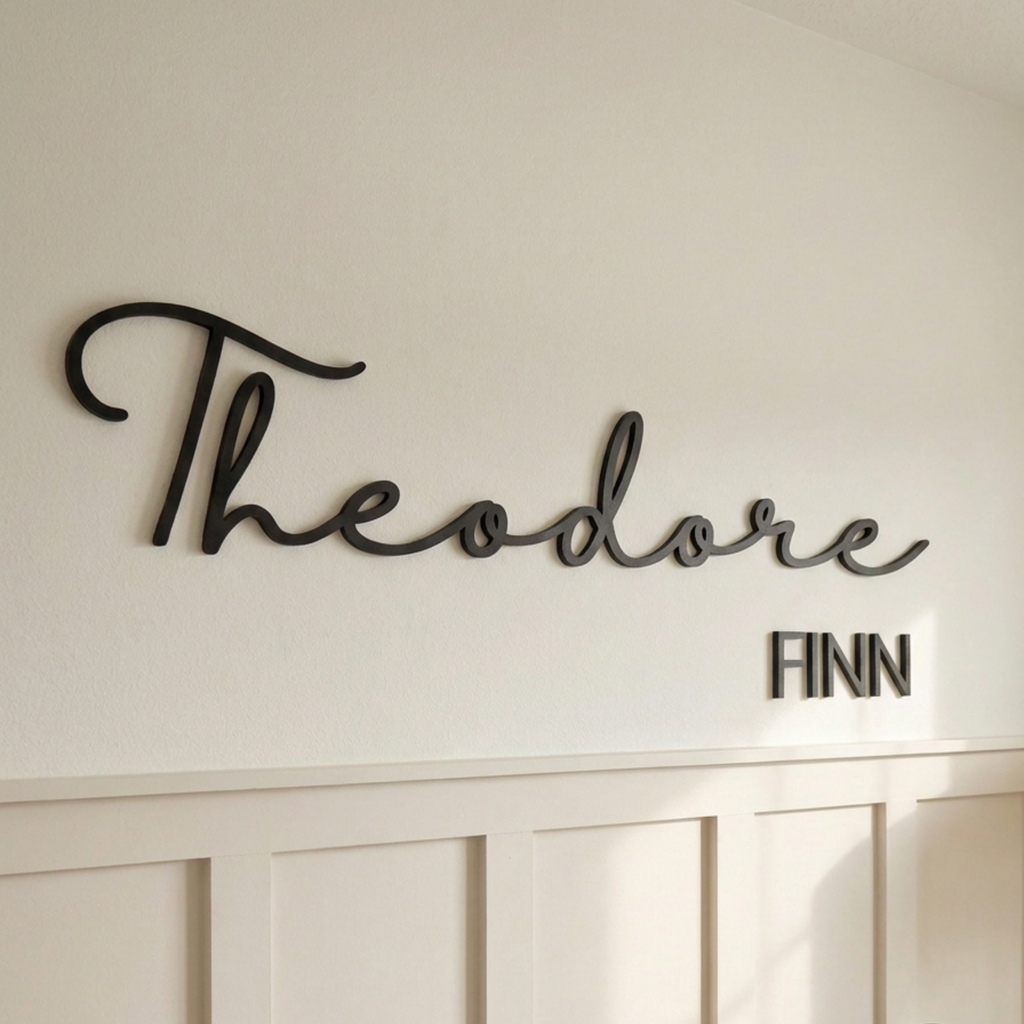 Close-up of the Theodore Finn name sign in black cursive with a block capital middle name