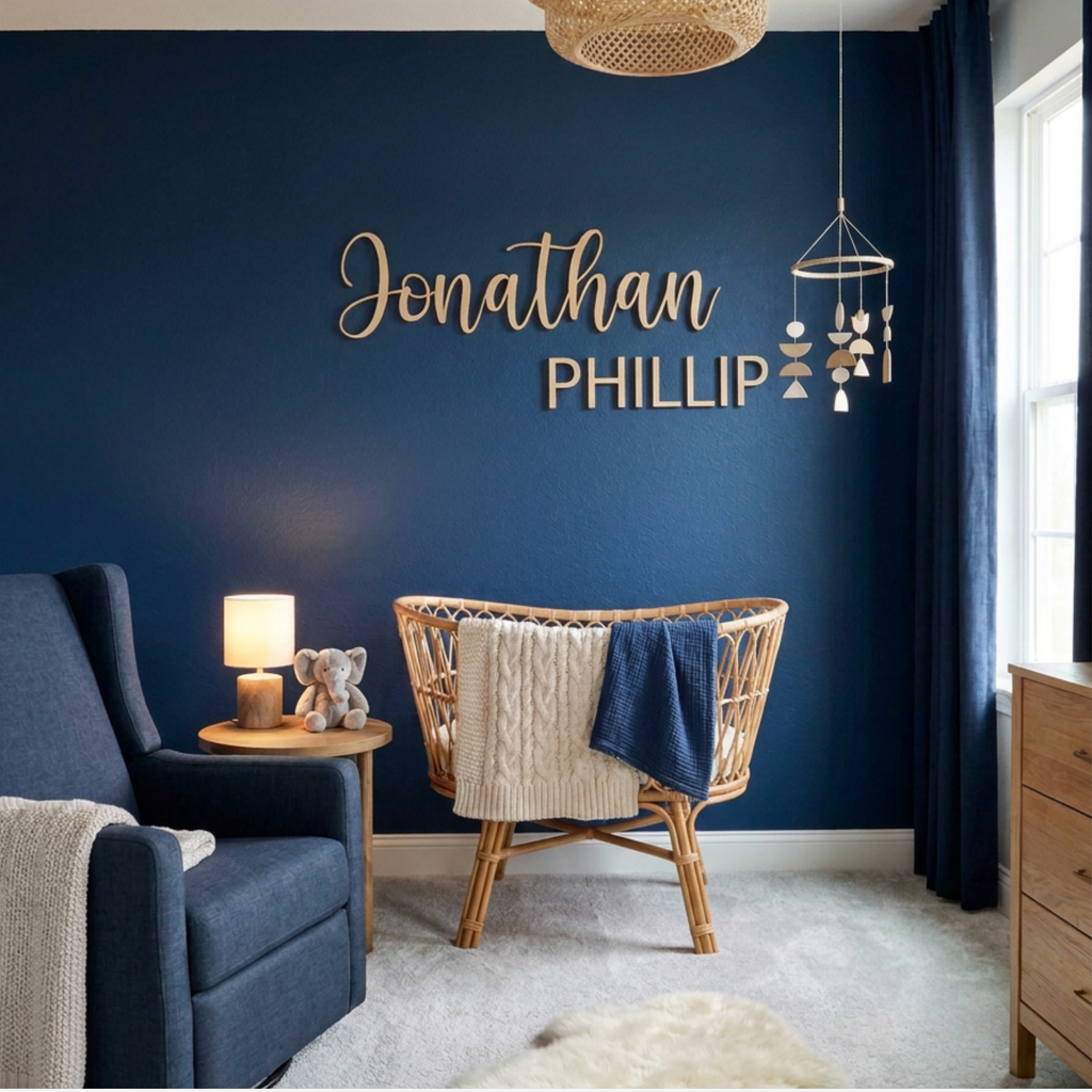 Cursive name sign reading Jonathan Phillip on a navy nursery wall above a rattan bassinet