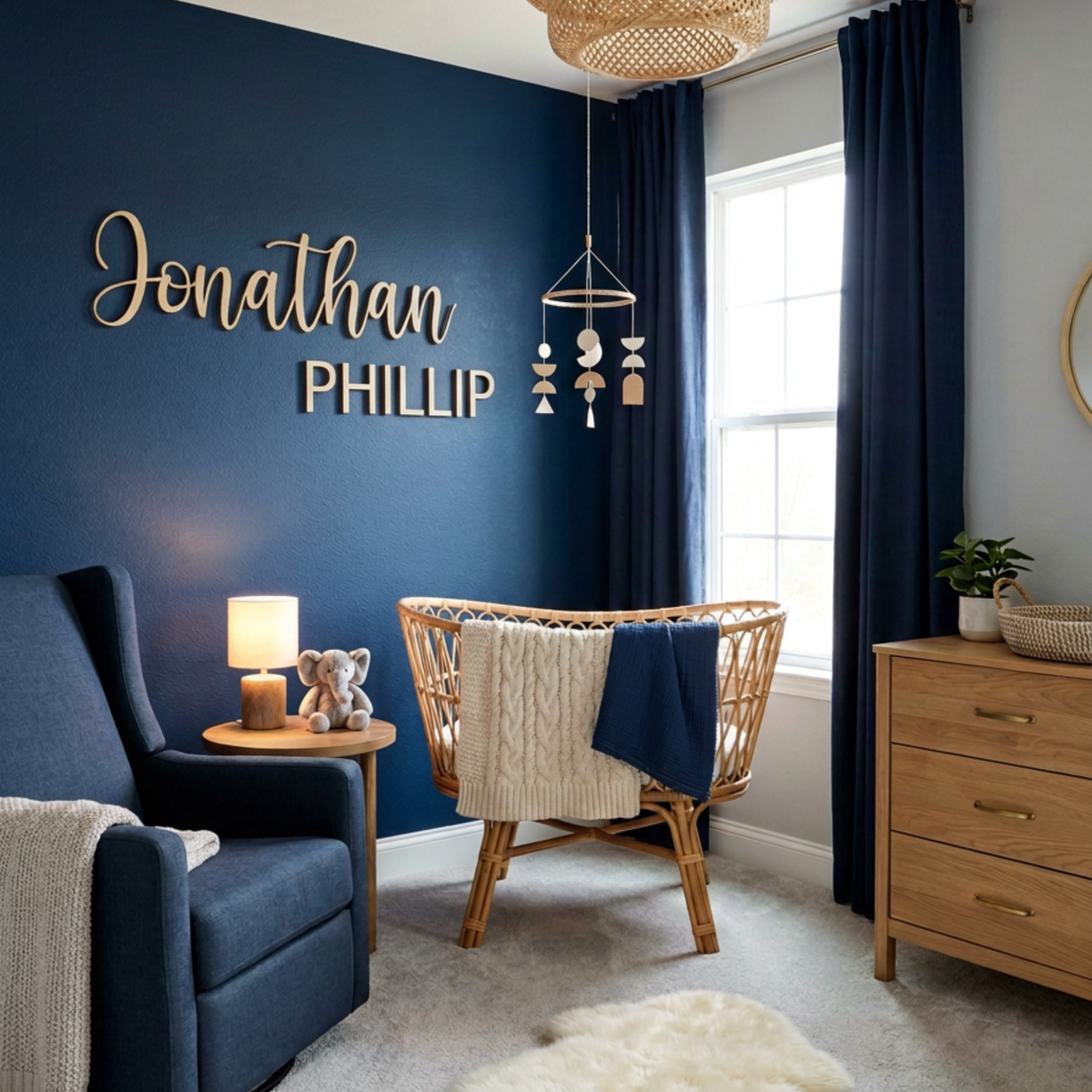 Natural wood name sign in a navy nursery with a rattan bassinet and wooden dresser