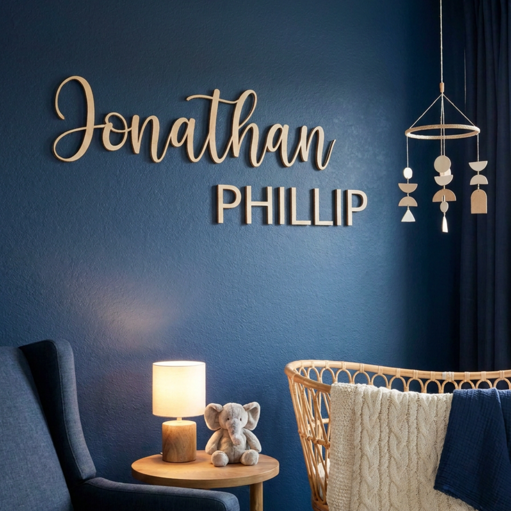 Close-up of the Jonathan Phillip cursive name sign on a navy nursery wall