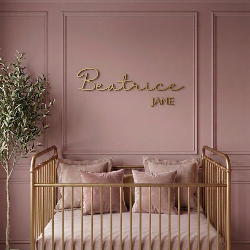 Custom wood baby name sign reading Beatrice Jane in gold on a mauve panelled nursery wall
