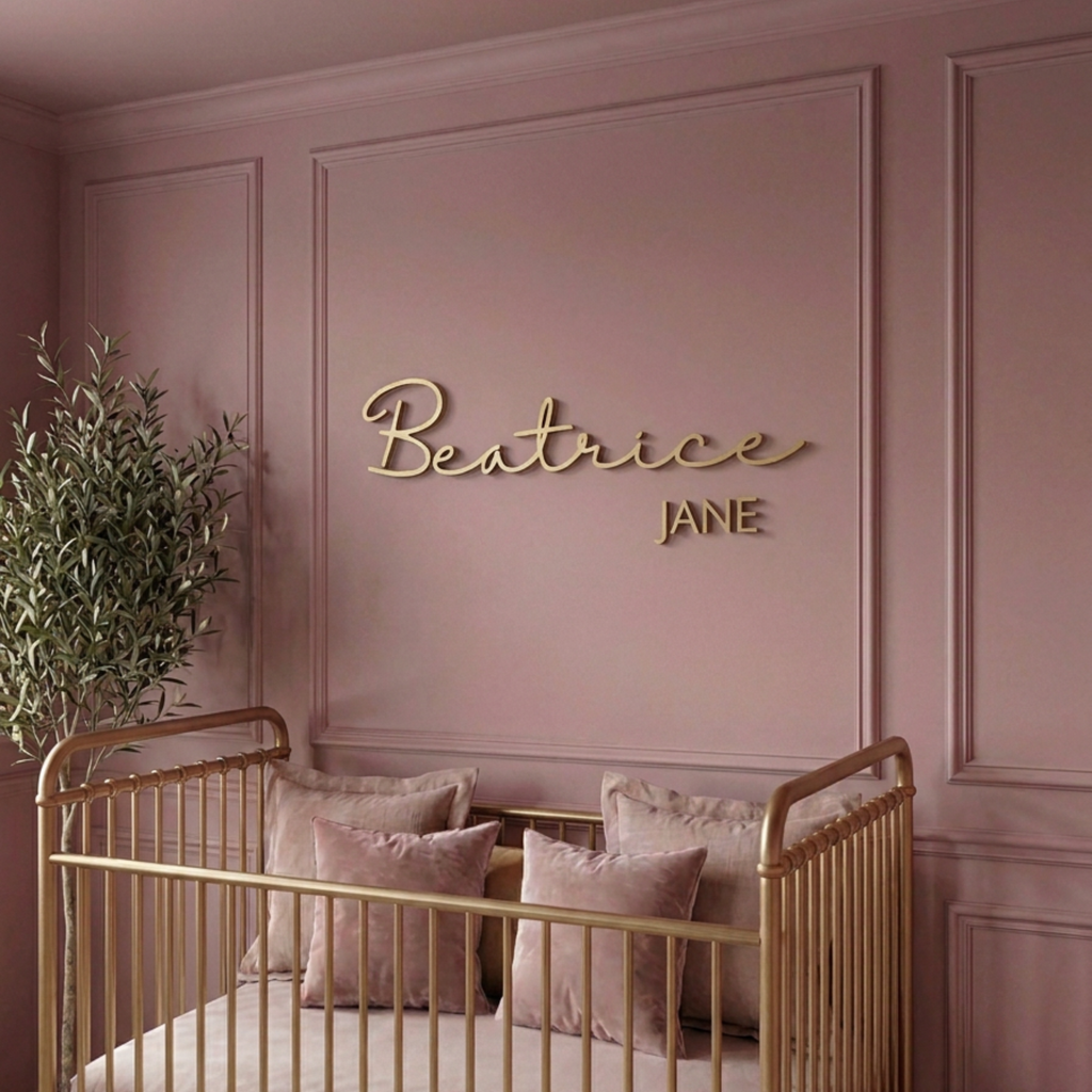 Gold cursive name sign above a gold crib in a pink panelled nursery