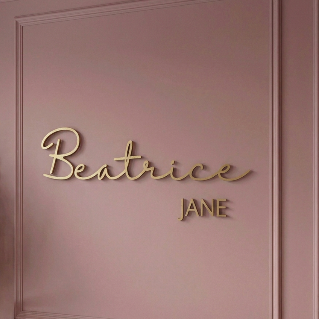 Close-up of the Beatrice Jane name sign in gold cursive with the middle name beneath