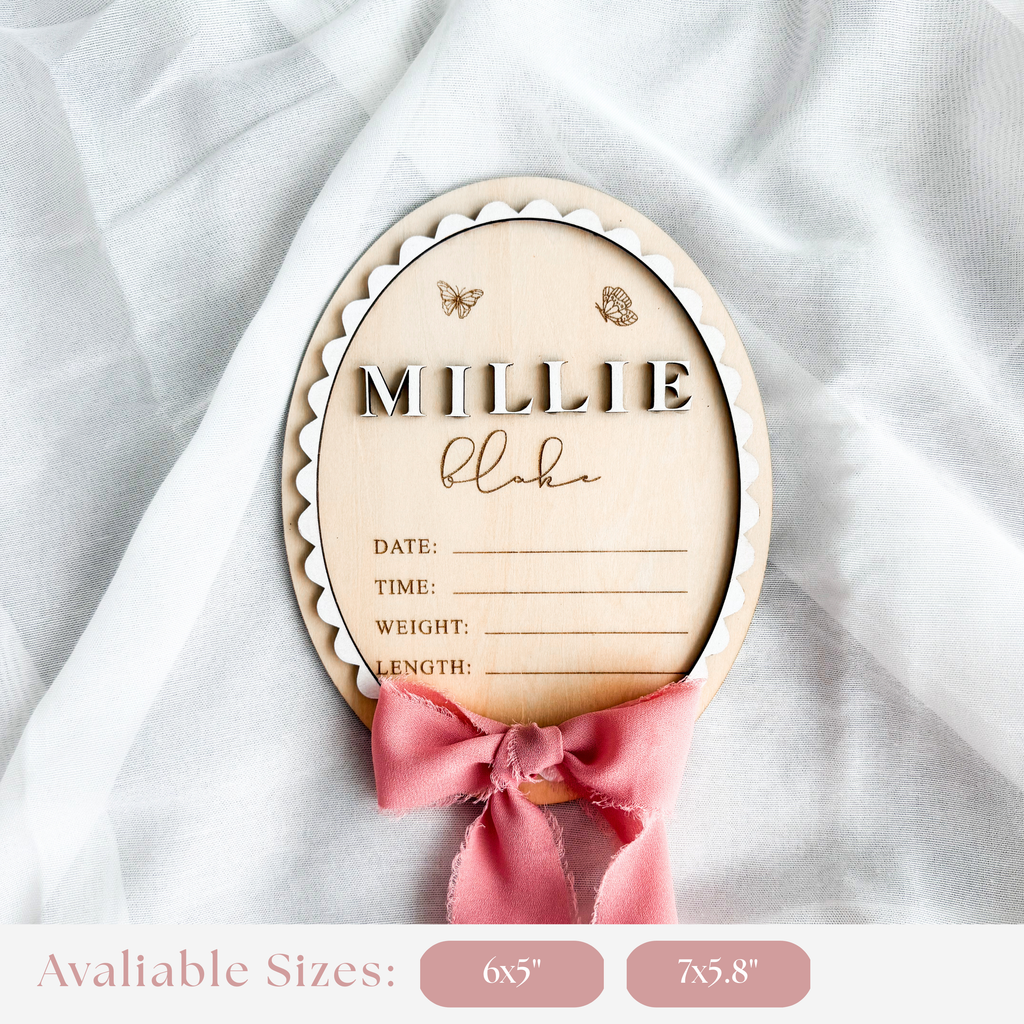 Butterfly birth stats sign with a dusty rose ribbon, available in 6x5 and 7x5.8 inch sizes