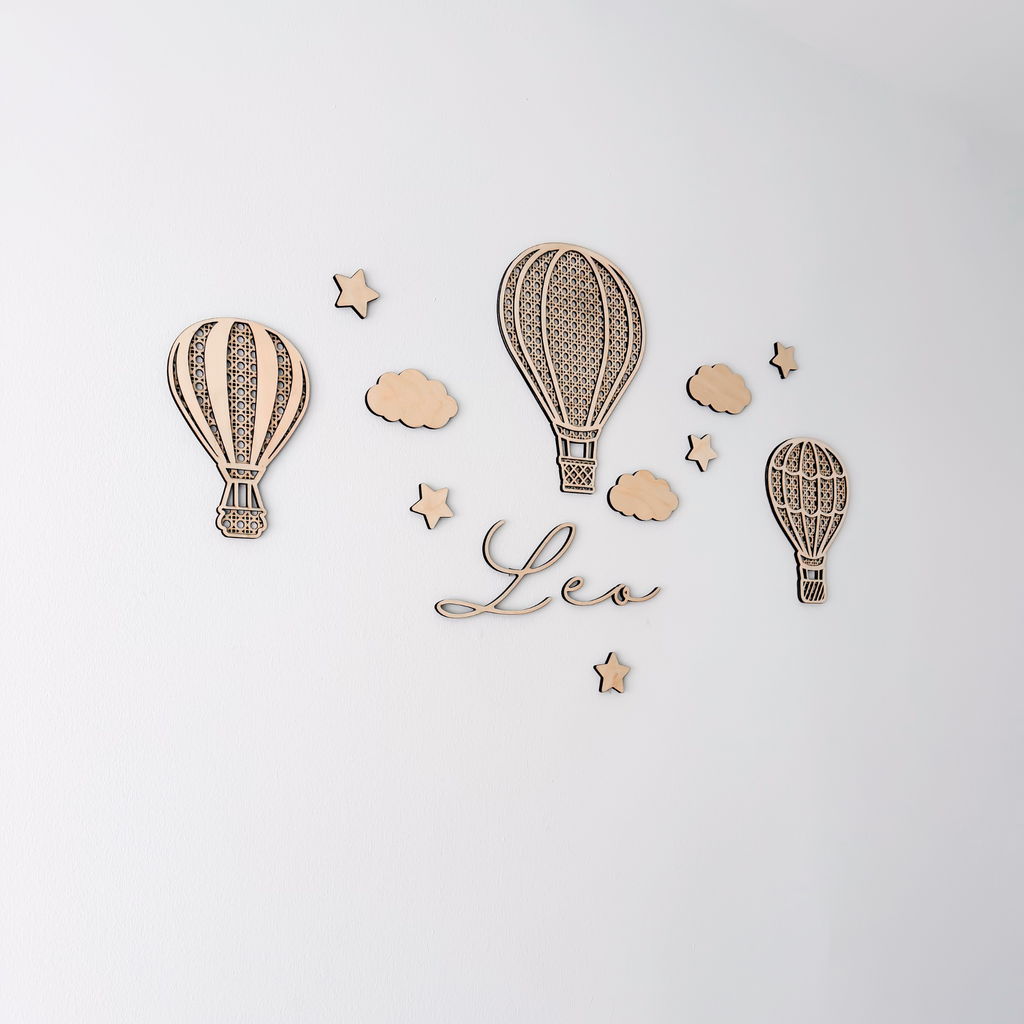 Hot Air Balloon Nursery Decor, Personalized Boho Wooden Name Sign, Rattan Baby Wall Art Set