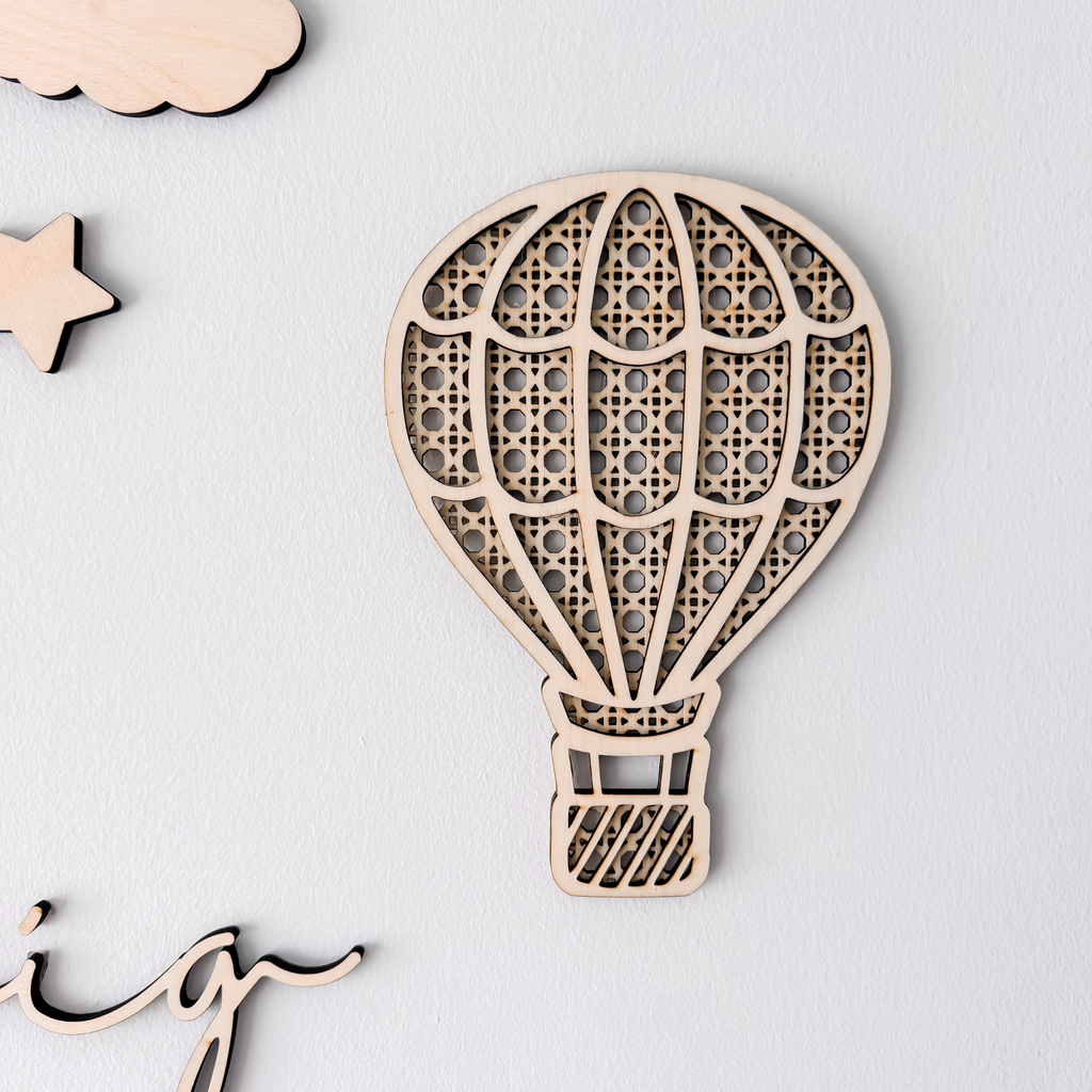 Hot Air Balloon Nursery Decor, Personalized Boho Wooden Name Sign, Rattan Baby Wall Art Set