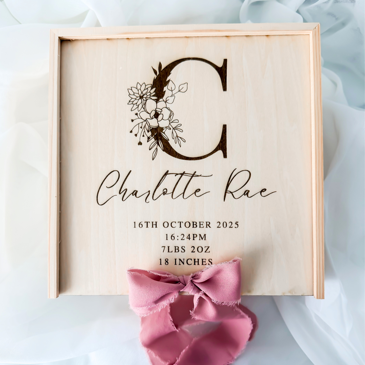 Floral letter keepsake box engraved with a C wrapped in flowers, the name Charlotte Rae and birth stats