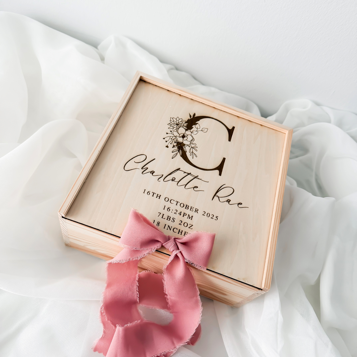 Floral letter baby keepsake box on sheer fabric with a rose silk ribbon bow