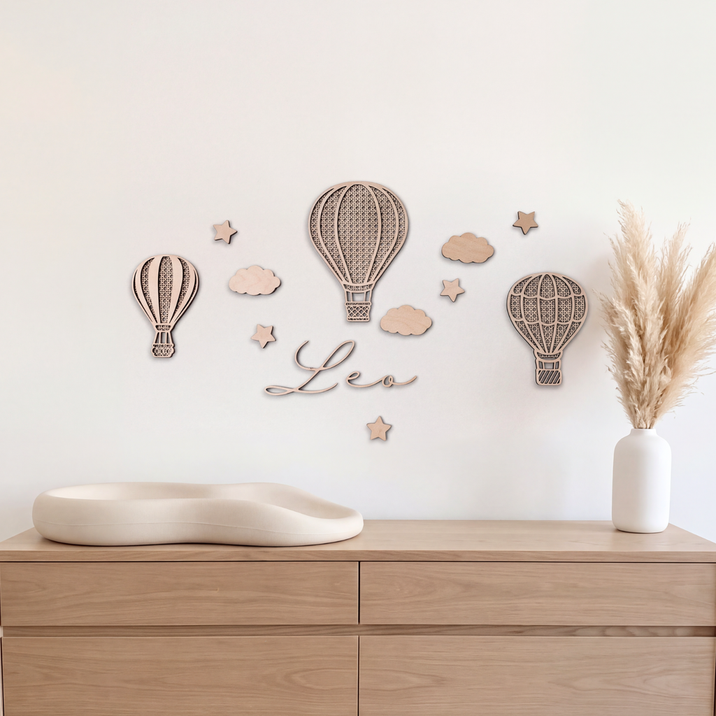 Hot Air Balloon Nursery Decor, Personalized Boho Wooden Name Sign, Rattan Baby Wall Art Set
