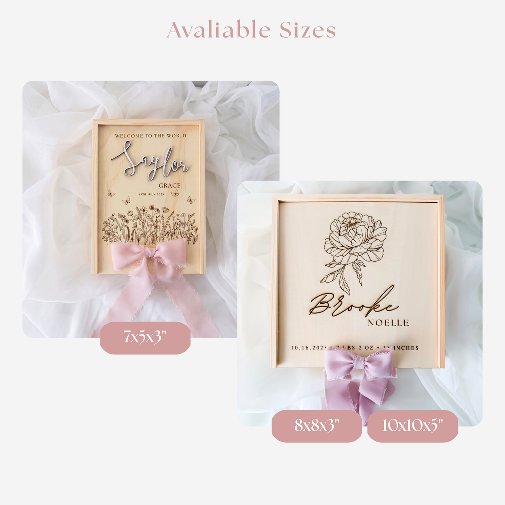 Baby keepsake box size chart showing the three available wooden box sizes side by side