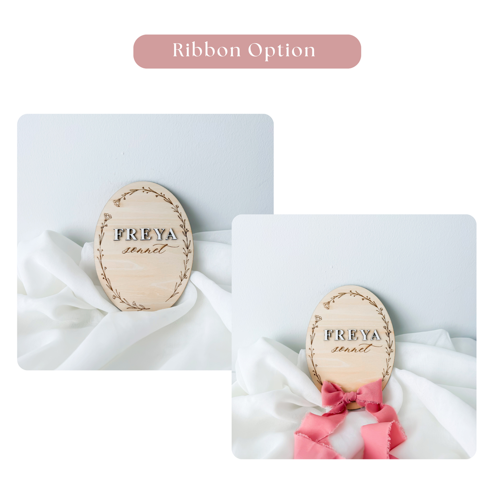 Ribbon option guide showing the raised letter name sign with and without a ribbon
