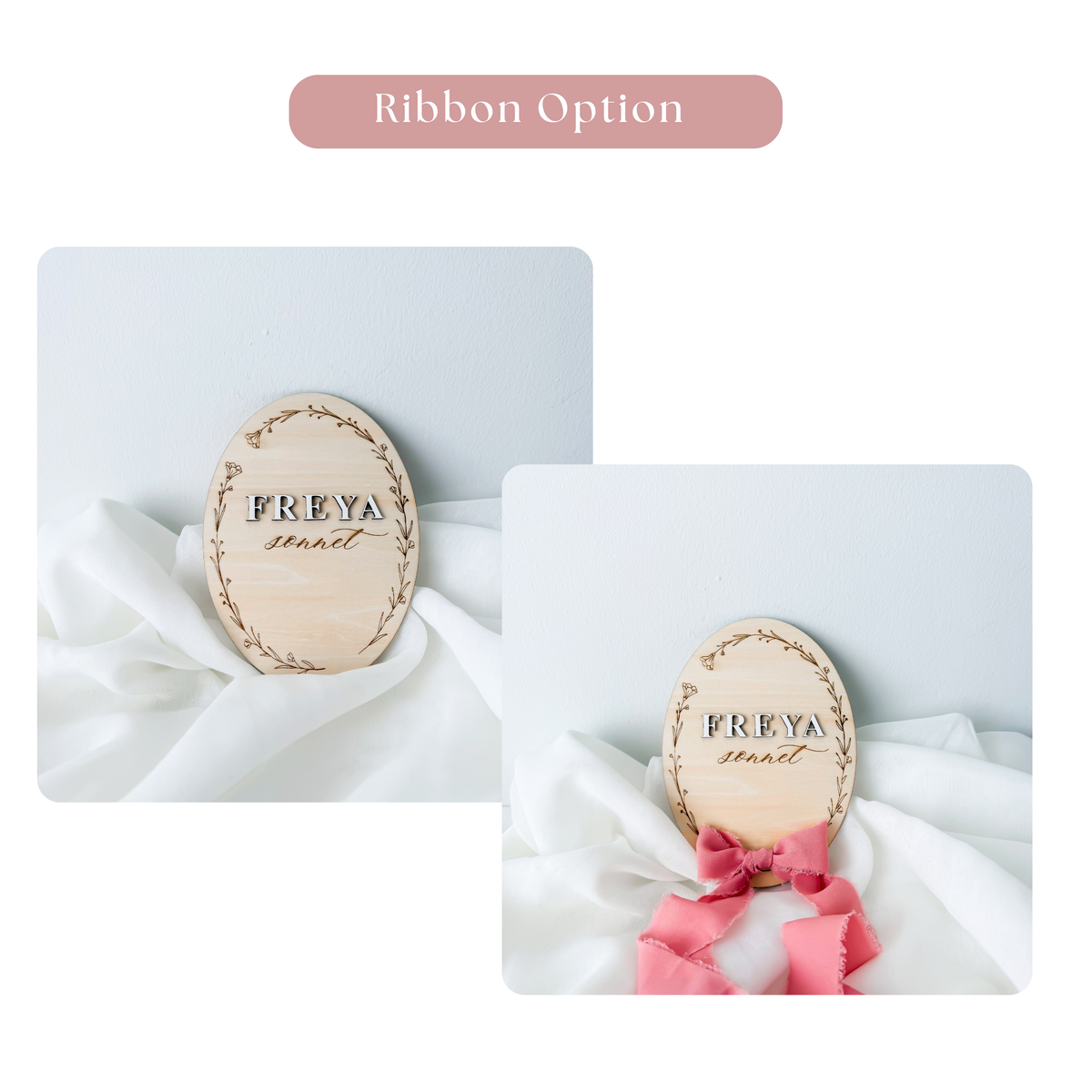 Ribbon option guide showing the raised letter name sign with and without a ribbon