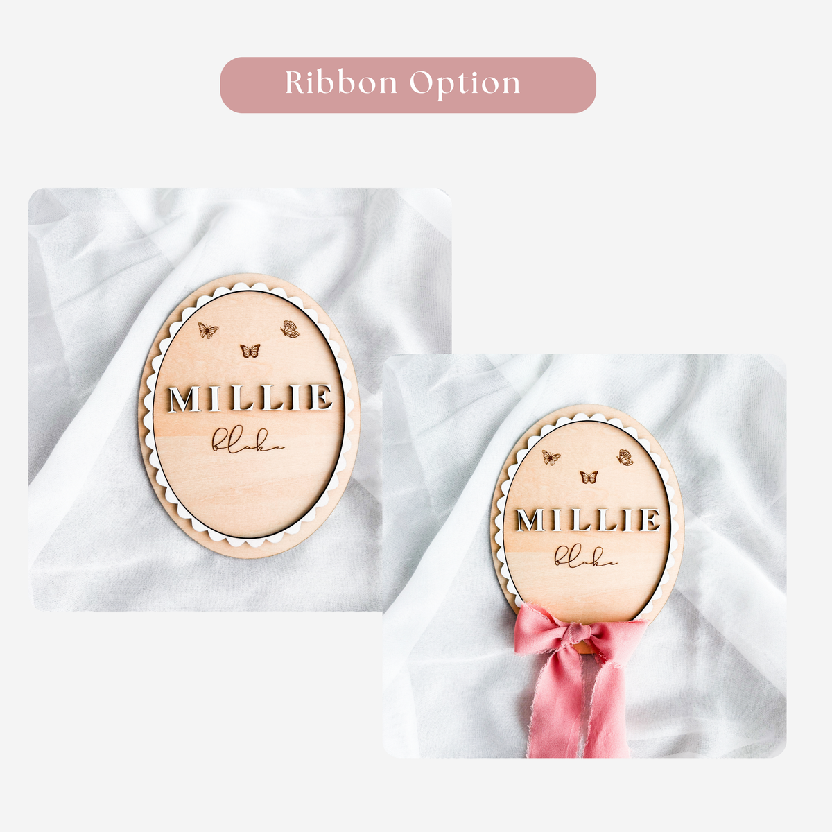 Ribbon option guide showing the butterfly sign with and without a silk ribbon