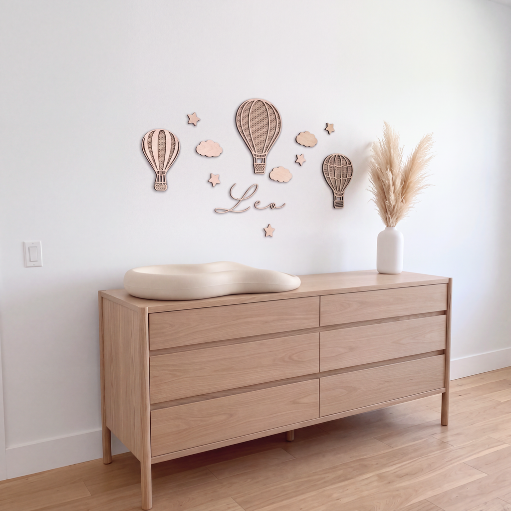 Hot Air Balloon Nursery Decor, Personalized Boho Wooden Name Sign, Rattan Baby Wall Art Set