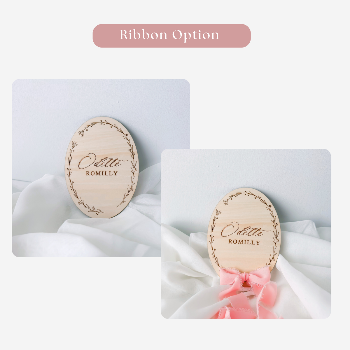 Ribbon option guide showing the floral wreath name sign with and without a silk ribbon