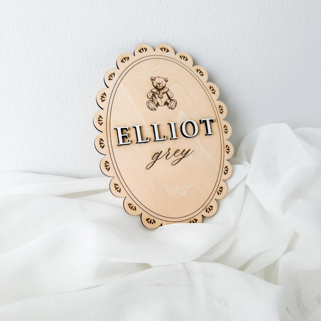 Personalized Teddy Bear Baby Name Sign, Gender Neutral Nursery Keepsake, Engraved Newborn Announcement Disc, Baby Shower Gift