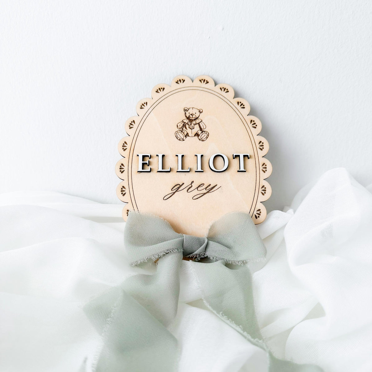 Personalized Teddy Bear Baby Name Sign, Gender Neutral Nursery Keepsake, Engraved Newborn Announcement Disc, Baby Shower Gift