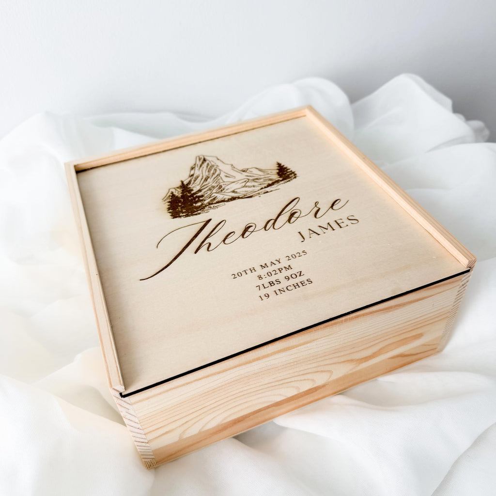 Baby Boy Keepsake Box, Mountain Woodland Memory Box, Newborn Birth Stats Box, Personalized Baby Boy Gift, Baby Shower Gift