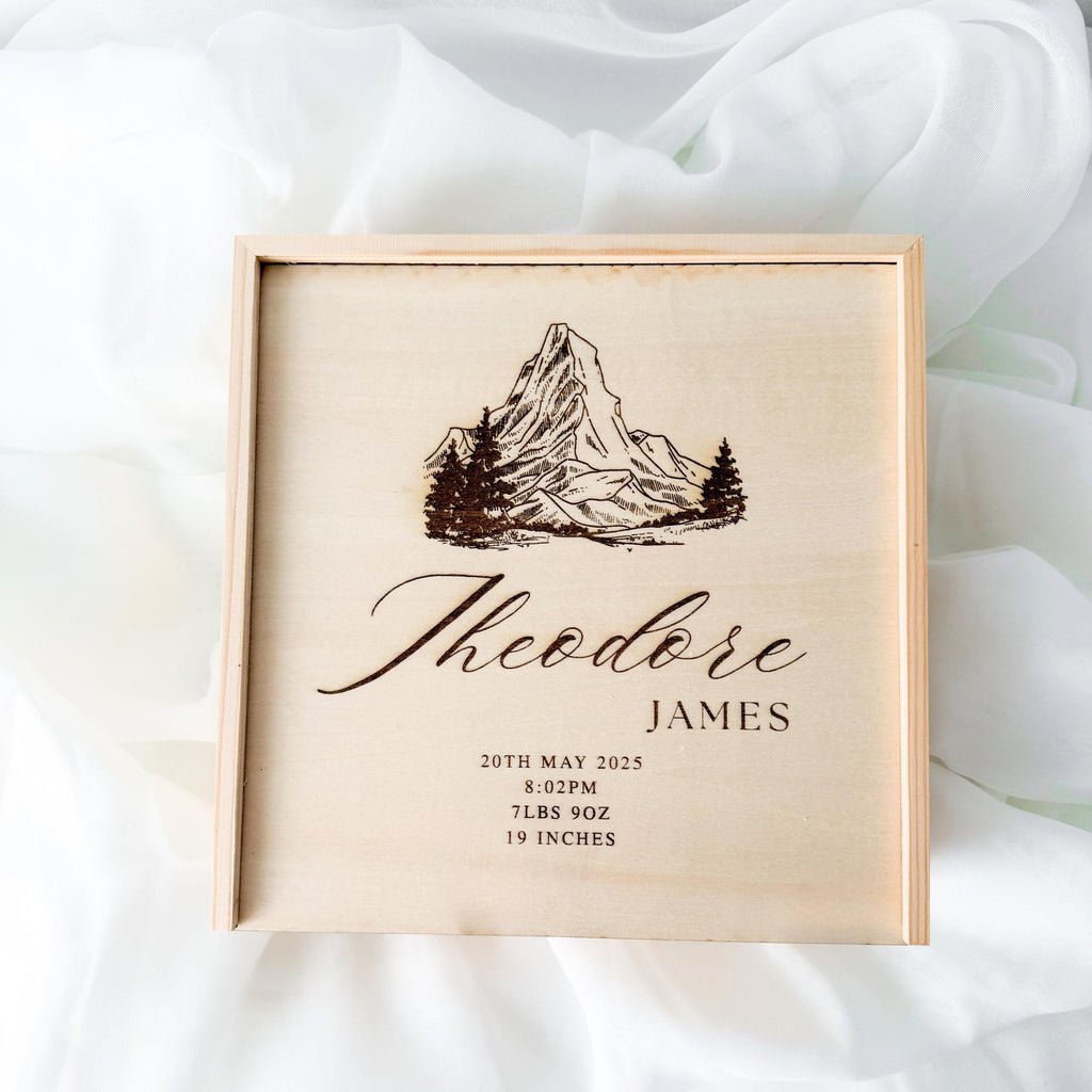 Baby Boy Keepsake Box, Mountain Woodland Memory Box, Newborn Birth Stats Box, Personalized Baby Boy Gift, Baby Shower Gift