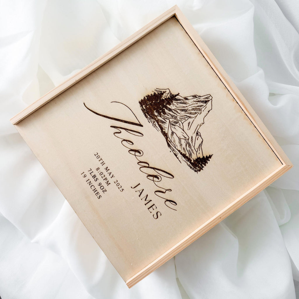 Baby Boy Keepsake Box, Mountain Woodland Memory Box, Newborn Birth Stats Box, Personalized Baby Boy Gift, Baby Shower Gift