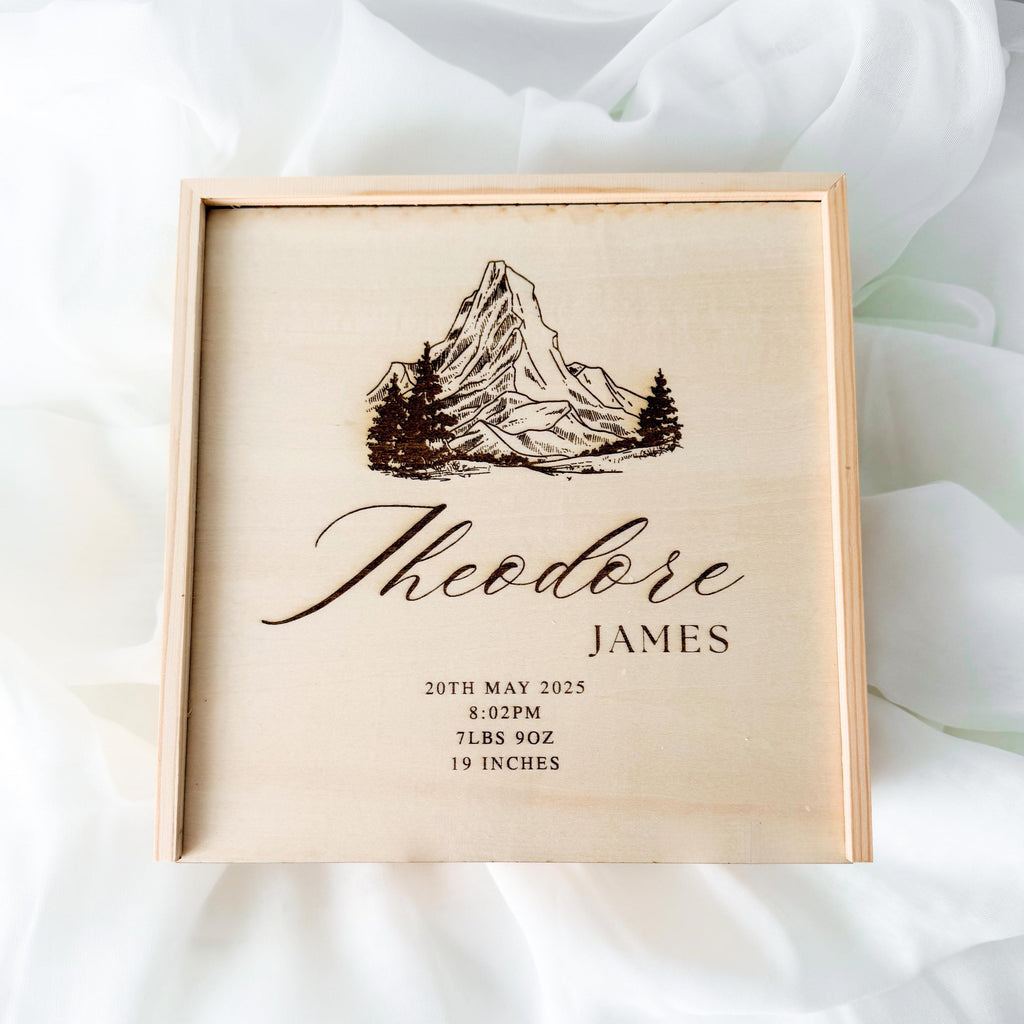 Baby Boy Keepsake Box, Mountain Woodland Memory Box, Newborn Birth Stats Box, Personalized Baby Boy Gift, Baby Shower Gift