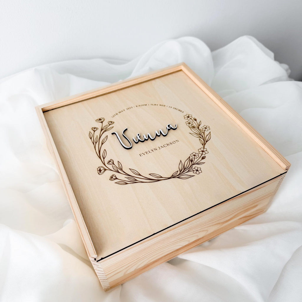 Boho Floral Baby Keepsake Box, Wildflower Wreath Memory Box, Newborn Birth Stats Box, Baby Girl Keepsake Gift, Baby Shower Gift