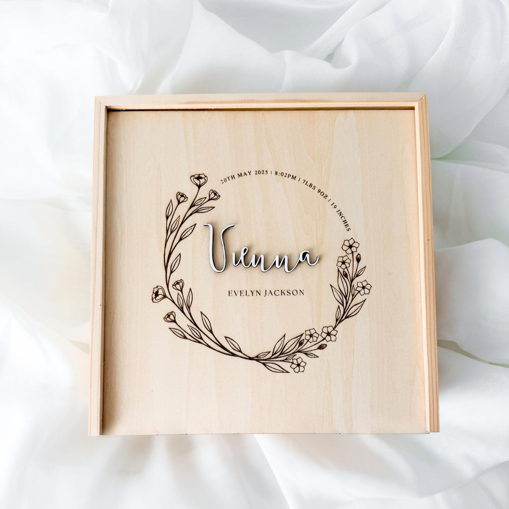 Boho Floral Baby Keepsake Box, Wildflower Wreath Memory Box, Newborn Birth Stats Box, Baby Girl Keepsake Gift, Baby Shower Gift