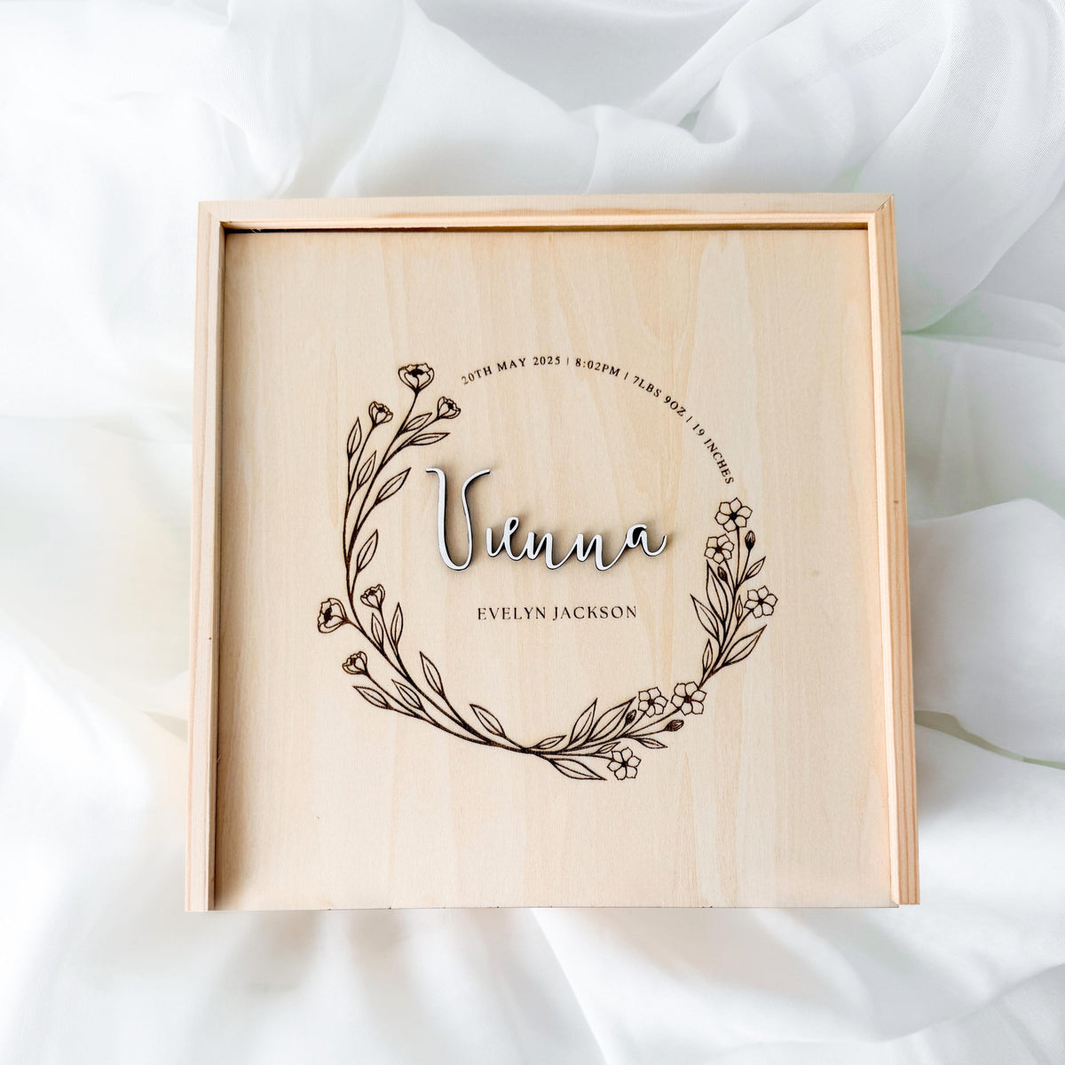 Boho Floral Baby Keepsake Box, Wildflower Wreath Memory Box, Newborn Birth Stats Box, Baby Girl Keepsake Gift, Baby Shower Gift