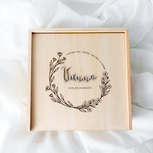 Boho Floral Baby Keepsake Box, Wildflower Wreath Memory Box, Newborn Birth Stats Box, Baby Girl Keepsake Gift, Baby Shower Gift