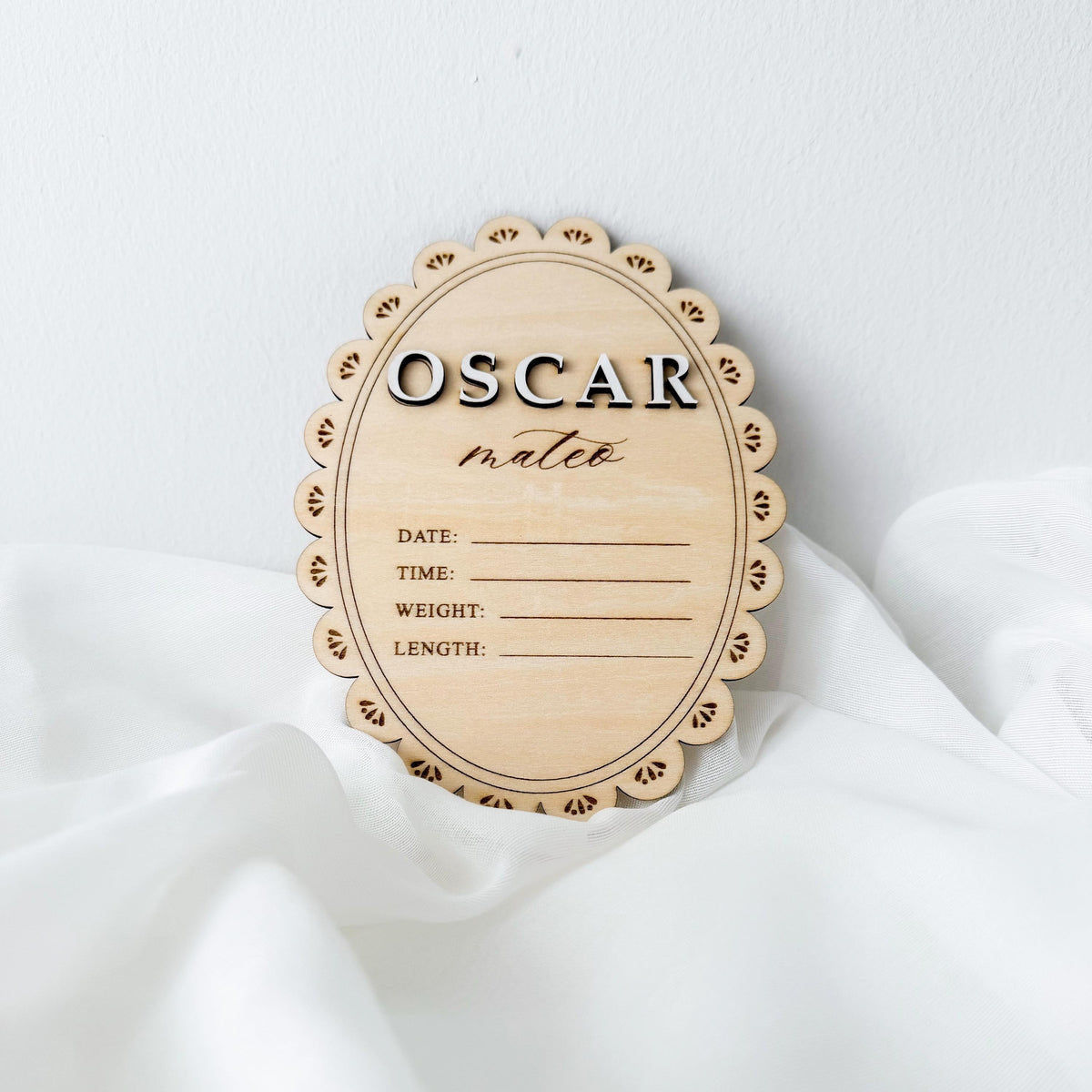 Personalized Baby Birth Stats Sign, Oval Scalloped Wood Name Plaque, Custom Hospital Announcement Sign, Newborn Photo Prop, Baby Shower Gift