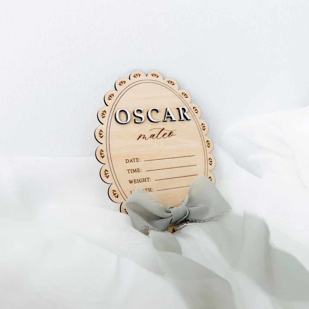 Personalized Baby Birth Stats Sign, Oval Scalloped Wood Name Plaque, Custom Hospital Announcement Sign, Newborn Photo Prop, Baby Shower Gift
