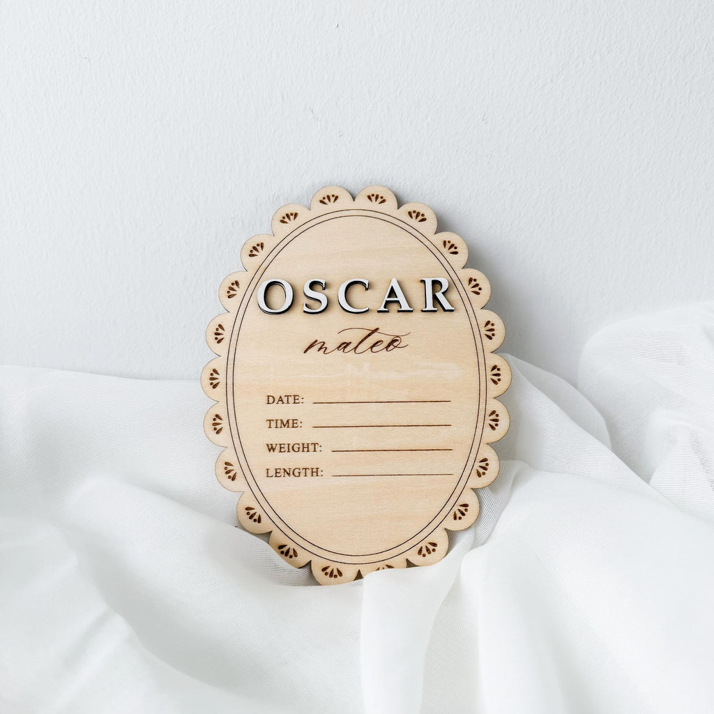 Personalized Baby Birth Stats Sign, Oval Scalloped Wood Name Plaque, Custom Hospital Announcement Sign, Newborn Photo Prop, Baby Shower Gift