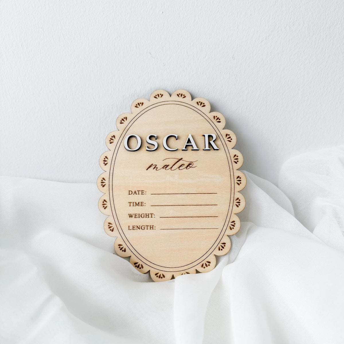 Personalized Baby Birth Stats Sign, Oval Scalloped Wood Name Plaque, Custom Hospital Announcement Sign, Newborn Photo Prop, Baby Shower Gift