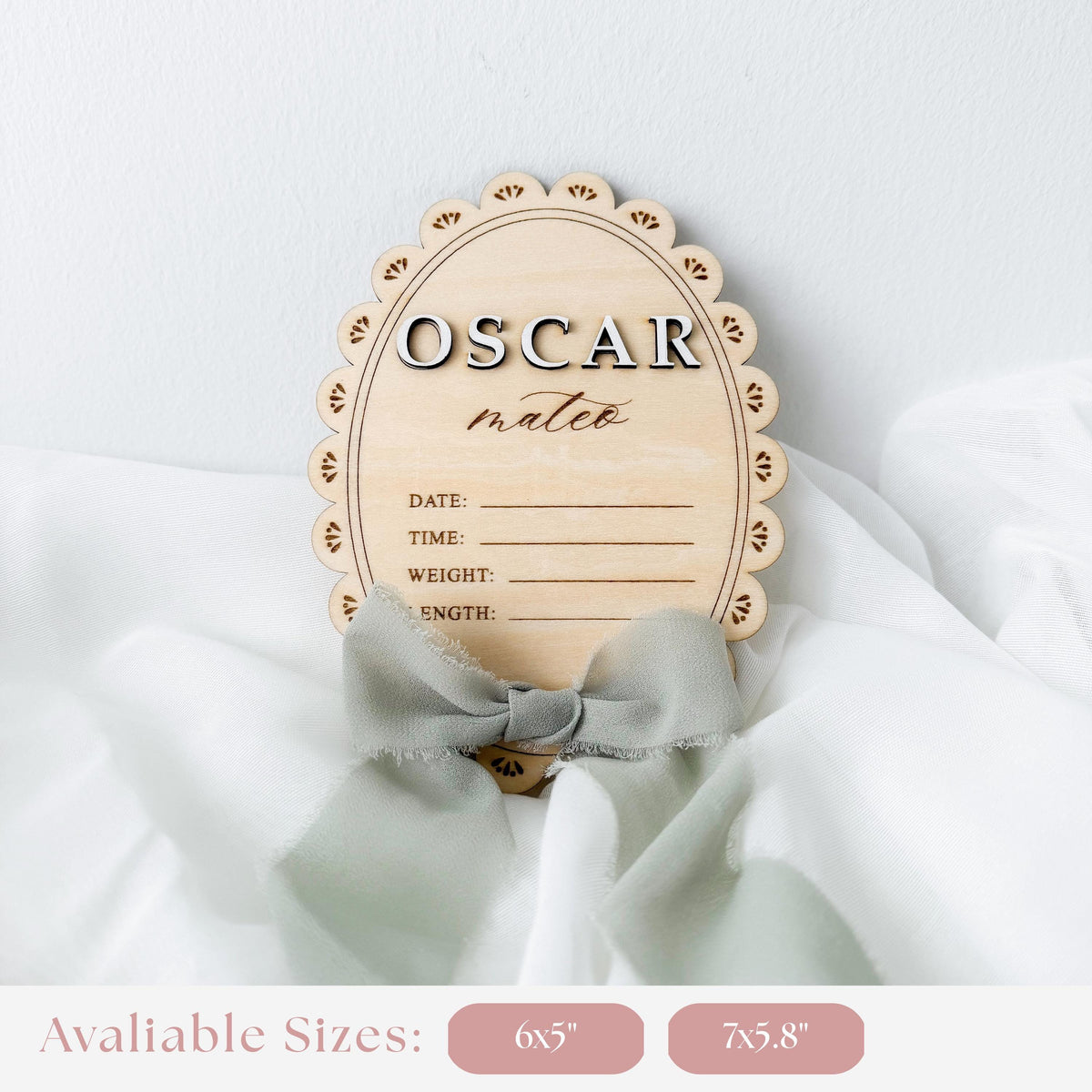 Personalized Baby Birth Stats Sign, Oval Scalloped Wood Name Plaque, Custom Hospital Announcement Sign, Newborn Photo Prop, Baby Shower Gift