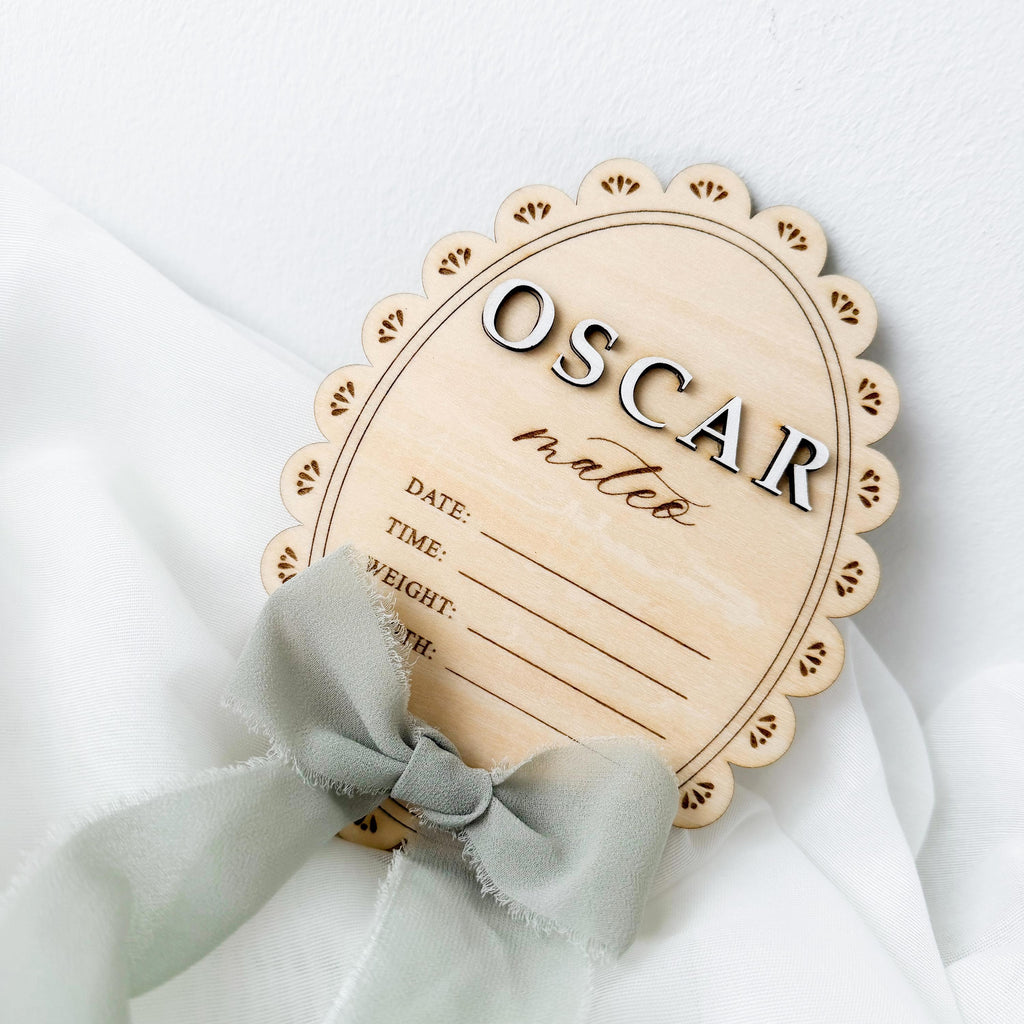 Personalized Baby Birth Stats Sign, Oval Scalloped Wood Name Plaque, Custom Hospital Announcement Sign, Newborn Photo Prop, Baby Shower Gift