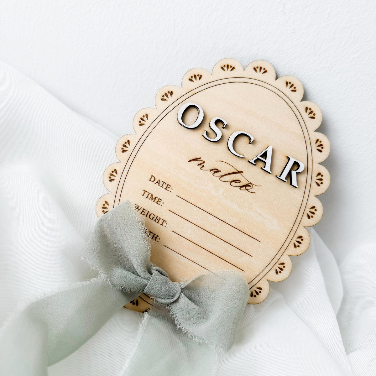 Personalized Baby Birth Stats Sign, Oval Scalloped Wood Name Plaque, Custom Hospital Announcement Sign, Newborn Photo Prop, Baby Shower Gift