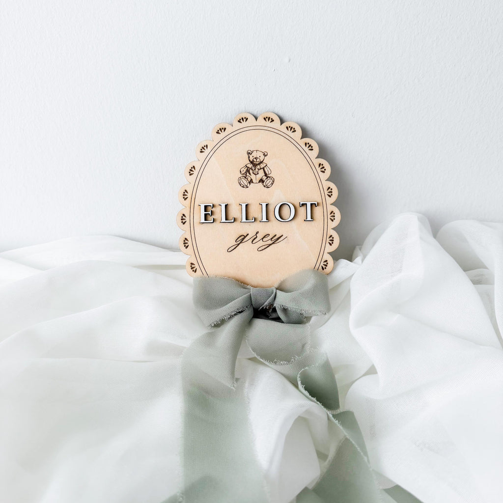 Personalized Teddy Bear Baby Name Sign, Gender Neutral Nursery Keepsake, Engraved Newborn Announcement Disc, Baby Shower Gift