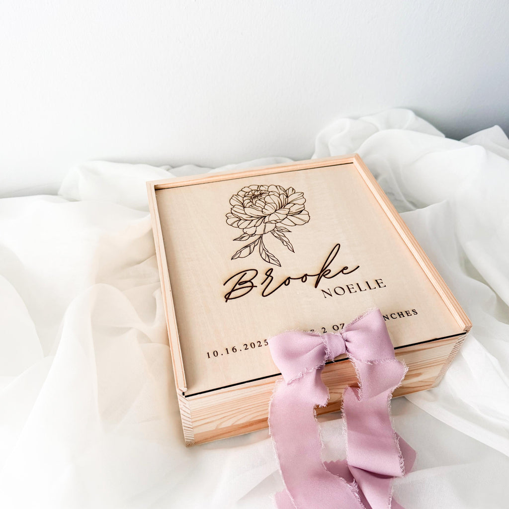 Personalized Baby Keepsake Box, Floral Birth Stats Memory Box, Engraved Wooden Baby Box, Newborn Keepsake Gift, Baby Shower Gift