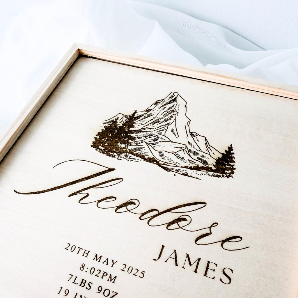 Baby Boy Keepsake Box, Mountain Woodland Memory Box, Newborn Birth Stats Box, Personalized Baby Boy Gift, Baby Shower Gift