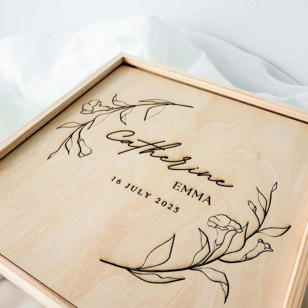 Minimalist Floral Baby Keepsake Box, Modern Newborn Memory Box, Birth Stats Box, Baby Girl Keepsake Gift, Baby Shower Gift