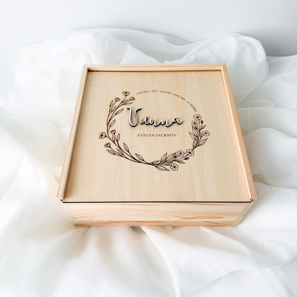 Boho Floral Baby Keepsake Box, Wildflower Wreath Memory Box, Newborn Birth Stats Box, Baby Girl Keepsake Gift, Baby Shower Gift