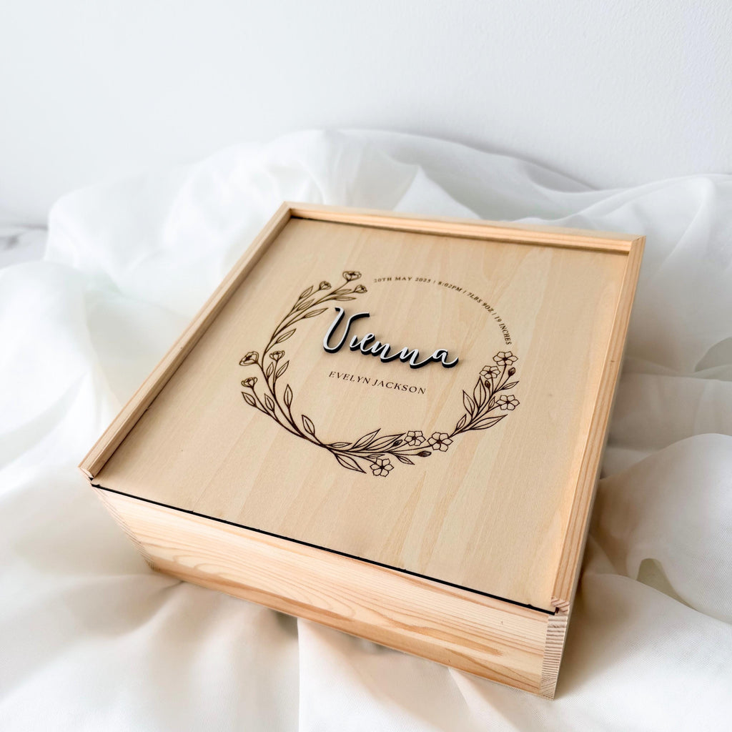 Boho Floral Baby Keepsake Box, Wildflower Wreath Memory Box, Newborn Birth Stats Box, Baby Girl Keepsake Gift, Baby Shower Gift