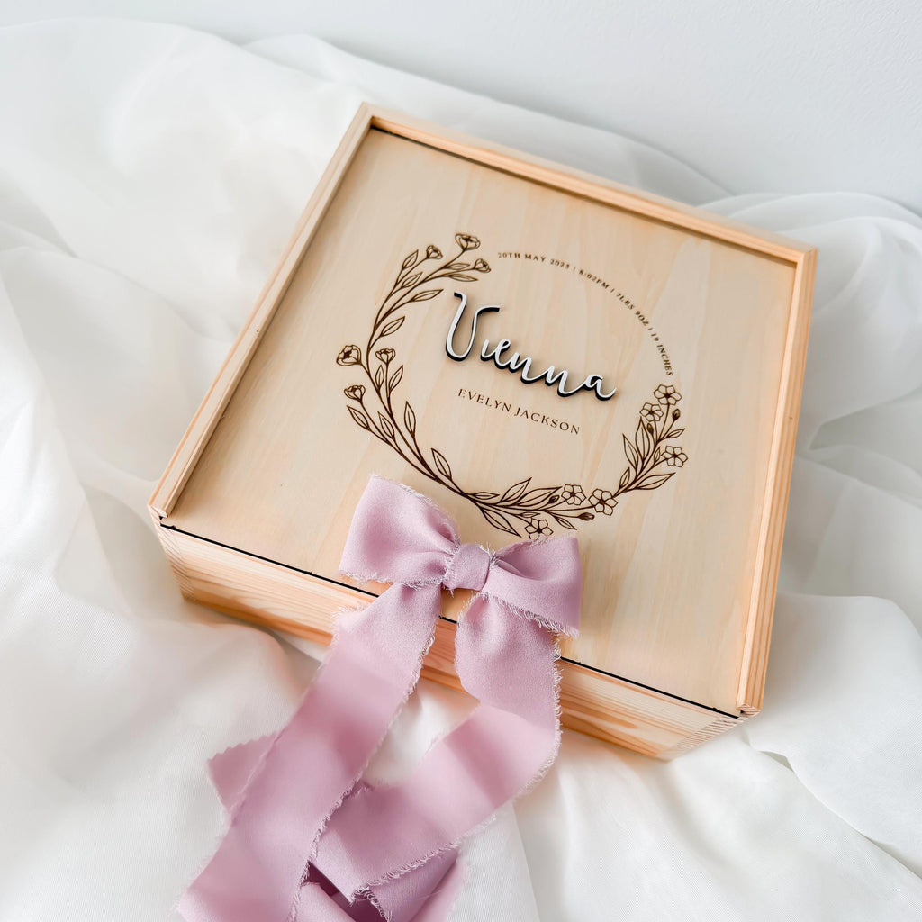 Boho Floral Baby Keepsake Box, Wildflower Wreath Memory Box, Newborn Birth Stats Box, Baby Girl Keepsake Gift, Baby Shower Gift